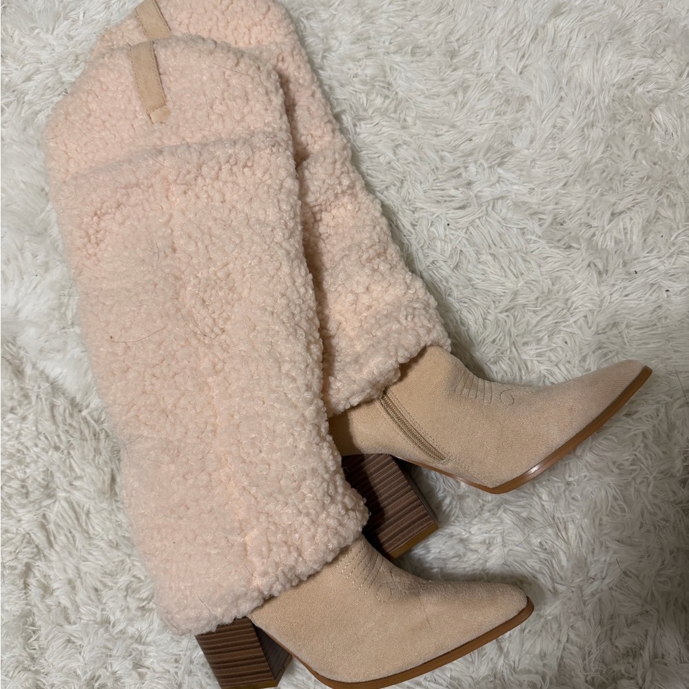 Stylish Beige Knee high suede and Sherpa Boots